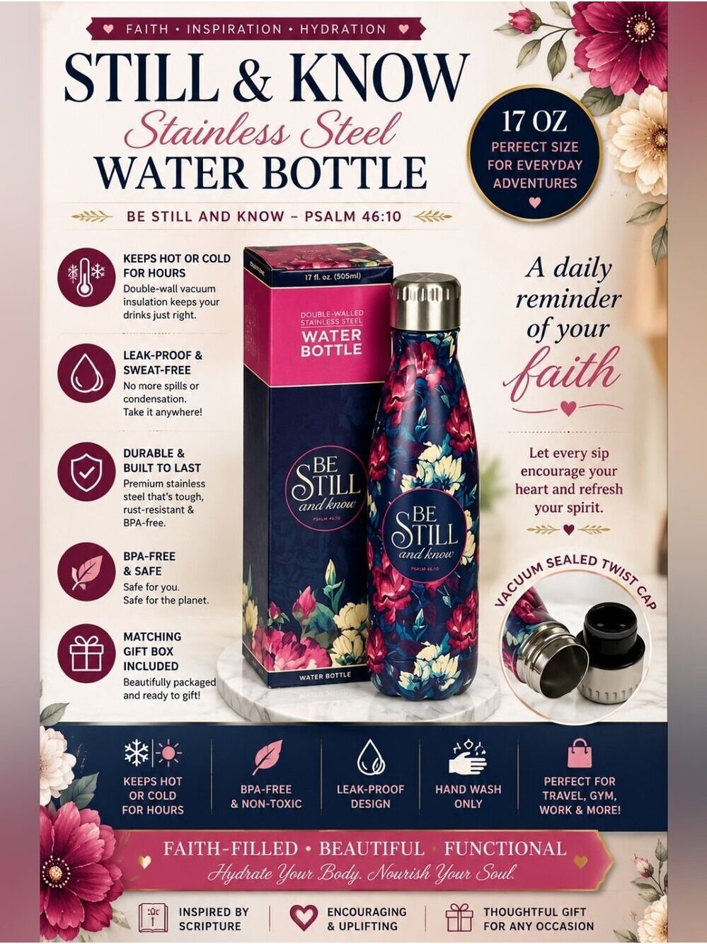 Still & Know Stainless Steel Water Bottle | 17 oz Insulated Christian Tumbler